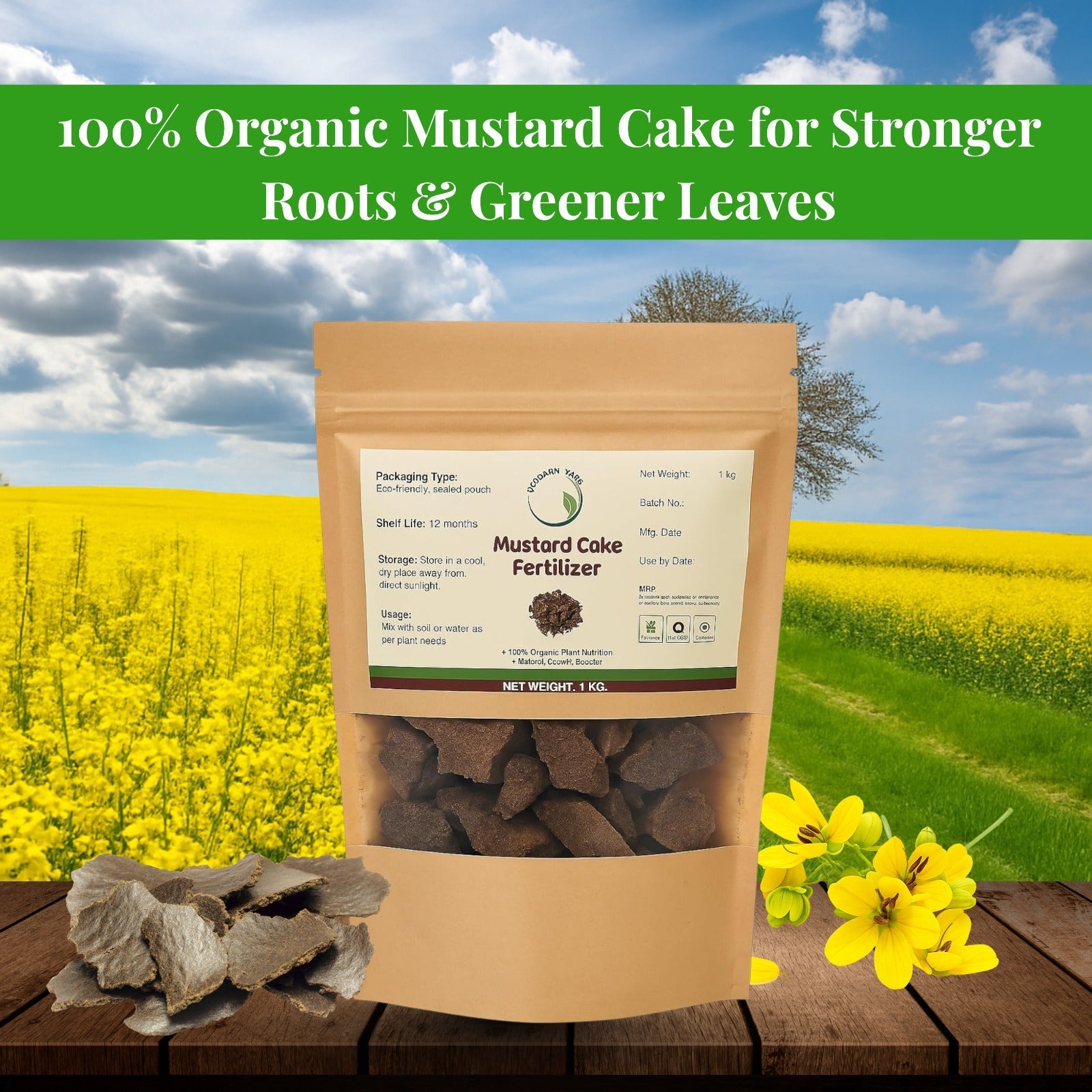 Mustard Cake Fertilizer, 1kg Pack , Organic Plant Food and Soil Conditioner for Garden Plants - Vermicompost by Ecoban