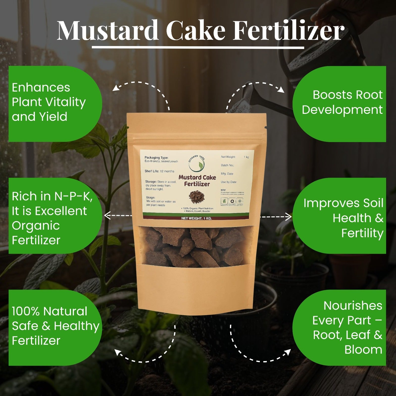 Mustard Cake Fertilizer, 1kg Pack , Organic Plant Food and Soil Conditioner for Garden Plants - Vermicompost by Ecoban