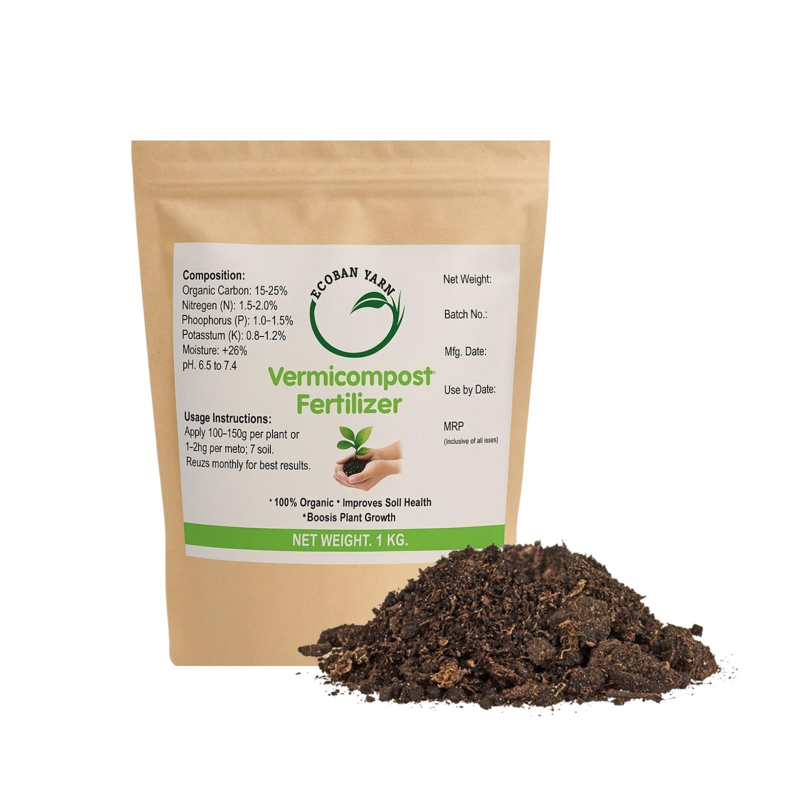Organic Vermicompost Fertilizer for Plants - 1 KG | Organic Powder Manure (1KG Pack ) - Vermicompost by Ecoban