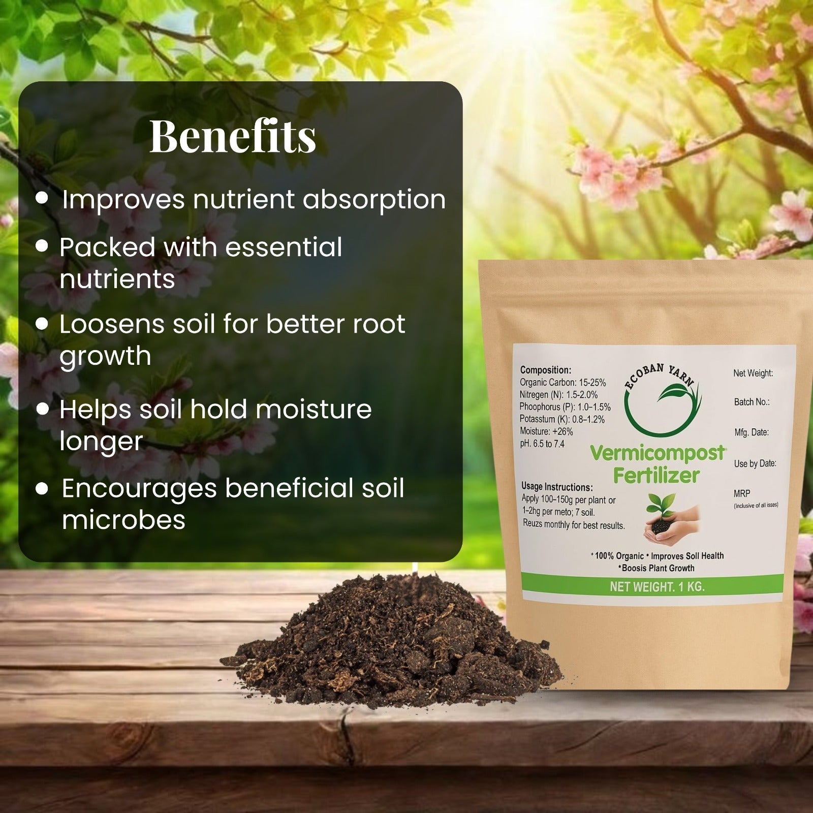 Organic Vermicompost Fertilizer for Plants - 1 KG | Organic Powder Manure (1KG Pack ) - Vermicompost by Ecoban